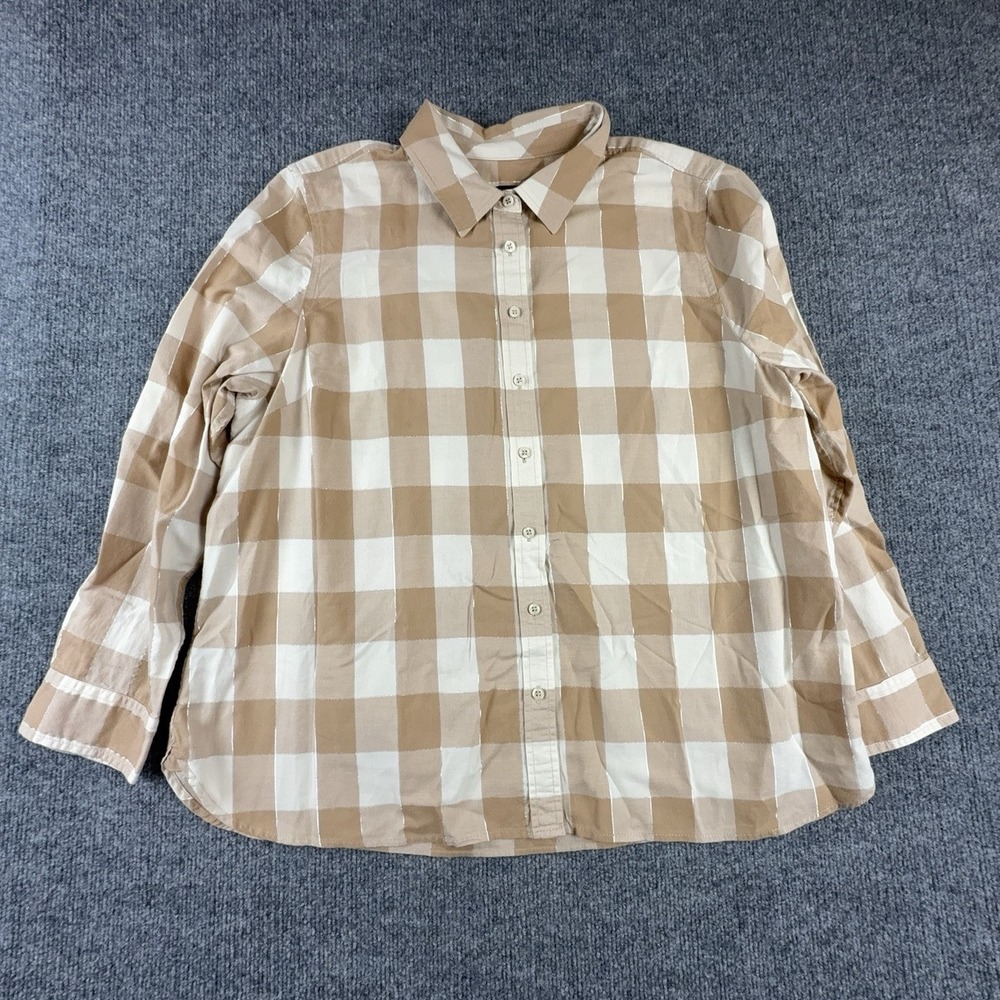 Talbots Shirt Womens Petite XLP Beige Check Twill Button Front Long Sleeve Top